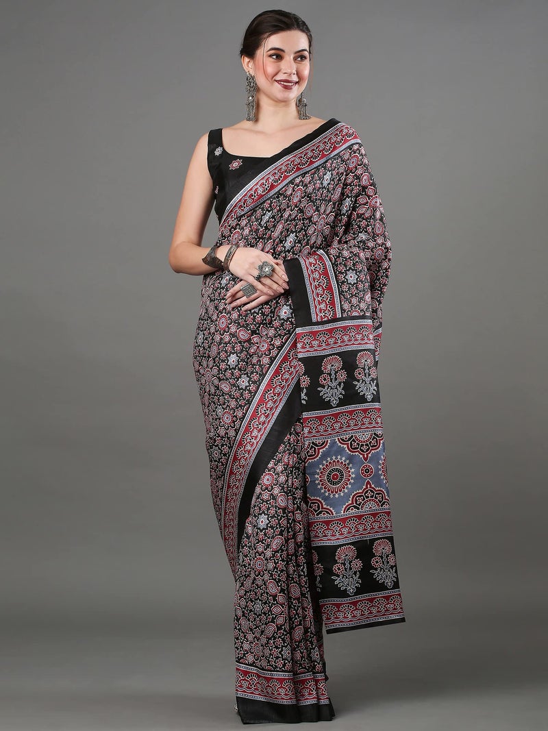SAREE MALL Women's Ajrak Block Print Dola Silk Saree With Unstitched Blouse Piece (Black_KUMRN202_SM) - Image 4