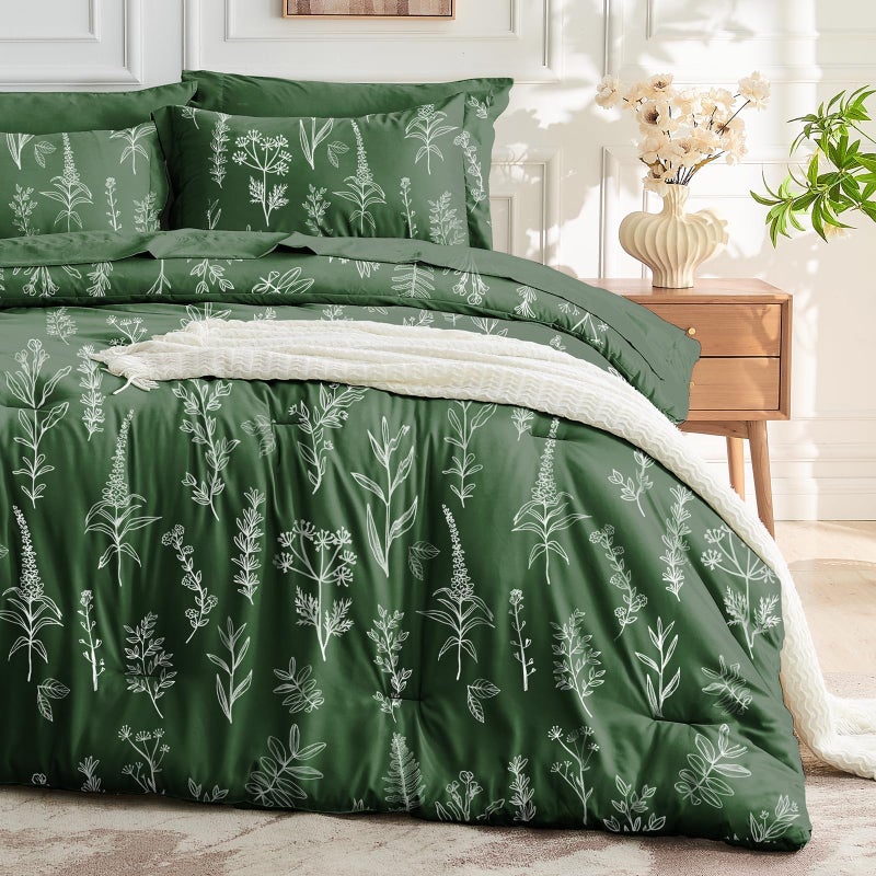 MUXHOMO Dark Green Bed in a Bag Queen 7 Pieces Queen Comforter Set Reversible Botanical Flowers Design Ultra Soft  Breathable Bedding Sets with Comforter Sheets Pillowcases  Shams
