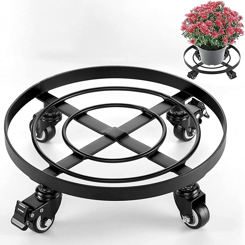 Angju 32cm Metal Plant Caddy Heavy Duty Iron Potted Plant Stand with Wheels Round Flower Pot Rack on Rollers Movers Dolly Holder Wheels Indoor Outdoor Planter Trolley Casters Rolling Tray - Image 1