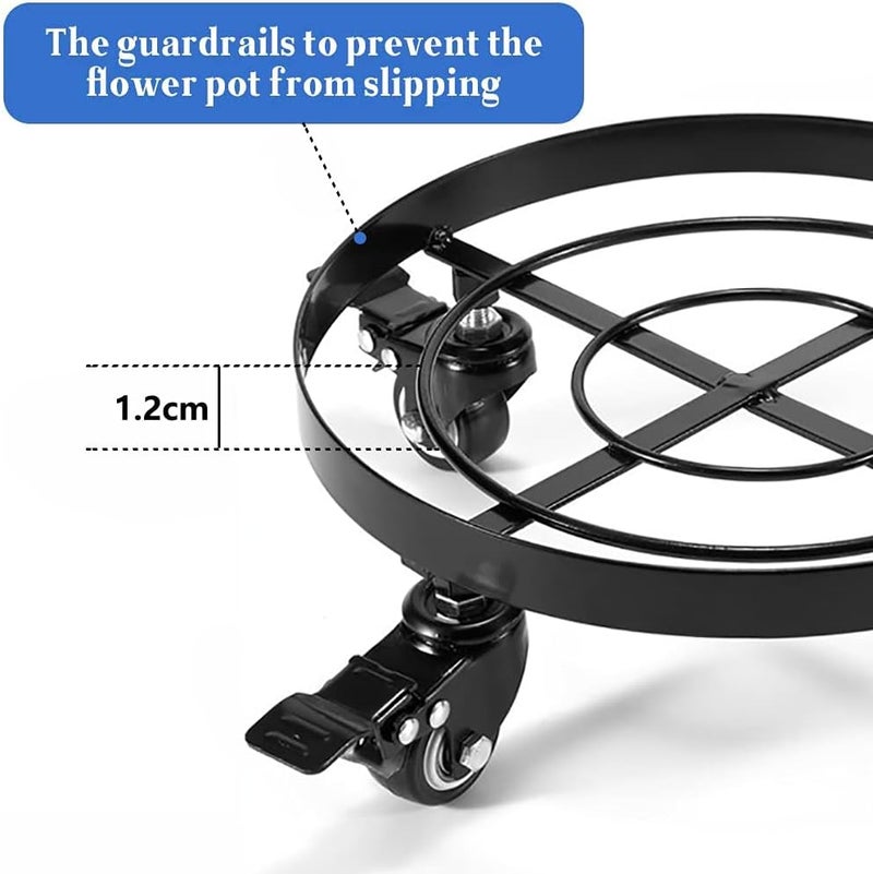Angju 32cm Metal Plant Caddy Heavy Duty Iron Potted Plant Stand with Wheels Round Flower Pot Rack on Rollers Movers Dolly Holder Wheels Indoor Outdoor Planter Trolley Casters Rolling Tray - Image 3