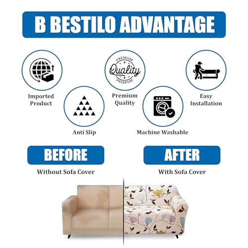 B BESTILO Cream Brown Leaf Sofa Cover 3 Seater Fully Covered | Universal 360° Anti-Slip Stretchable 3Seater Sofa Slipcover | Elastic Sofa Set Imported Slipcover Protector (Triple Seater, 185-230cm) - Image 3