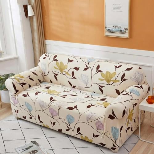 B BESTILO Cream Brown Leaf Sofa Cover 3 Seater Fully Covered | Universal 360° Anti-Slip Stretchable 3Seater Sofa Slipcover | Elastic Sofa Set Imported Slipcover Protector (Triple Seater, 185-230cm) - Image 1
