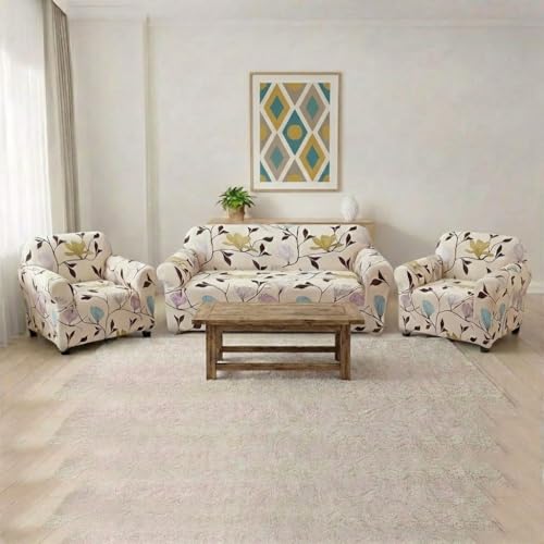 B BESTILO Cream Brown Leaf Sofa Cover 3 Seater Fully Covered | Universal 360° Anti-Slip Stretchable 3Seater Sofa Slipcover | Elastic Sofa Set Imported Slipcover Protector (Triple Seater, 185-230cm) - Image 2