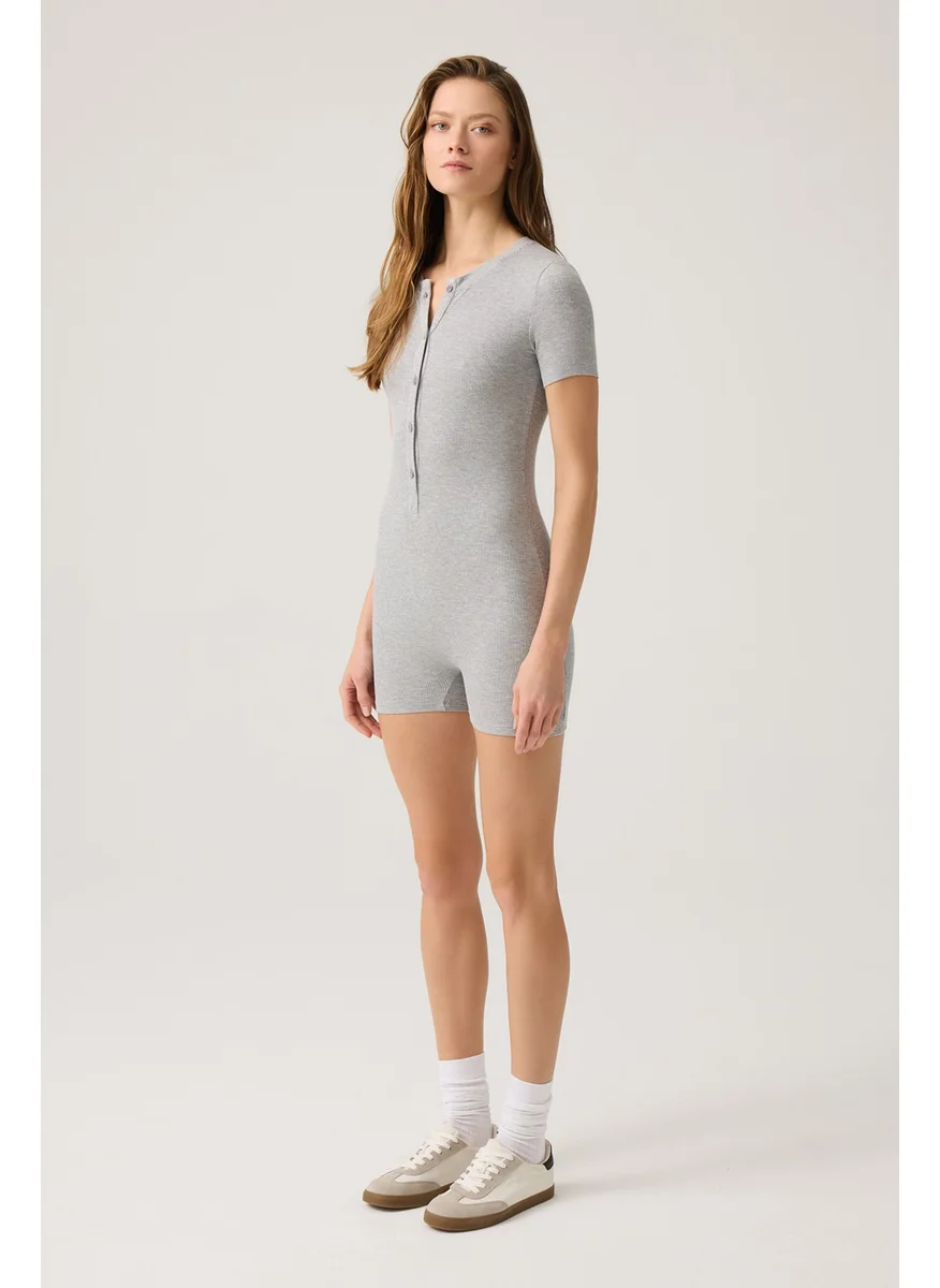Los Ojos Grey Melange Ribbed Short Sleeve Short Jumpsuit Short Romper