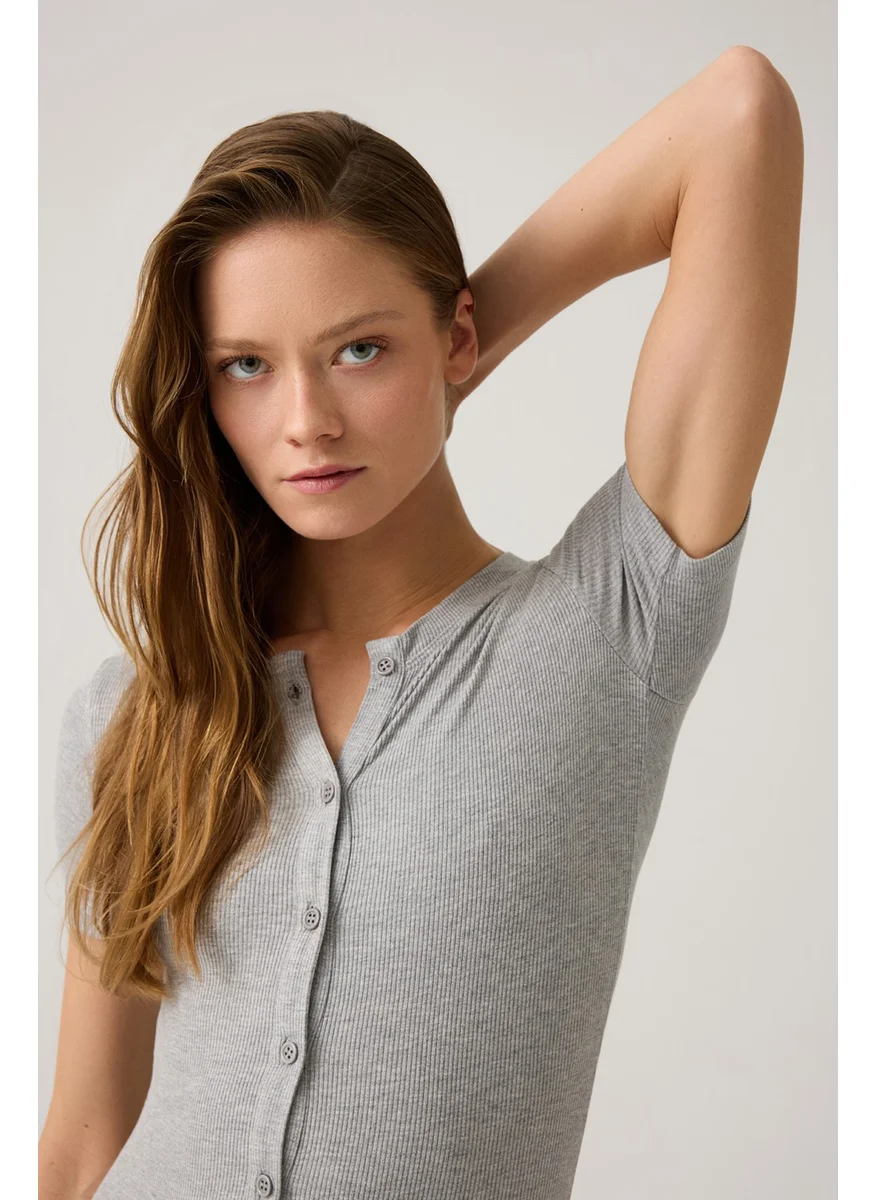 Los Ojos Grey Melange Ribbed Short Sleeve Short Jumpsuit Short Romper