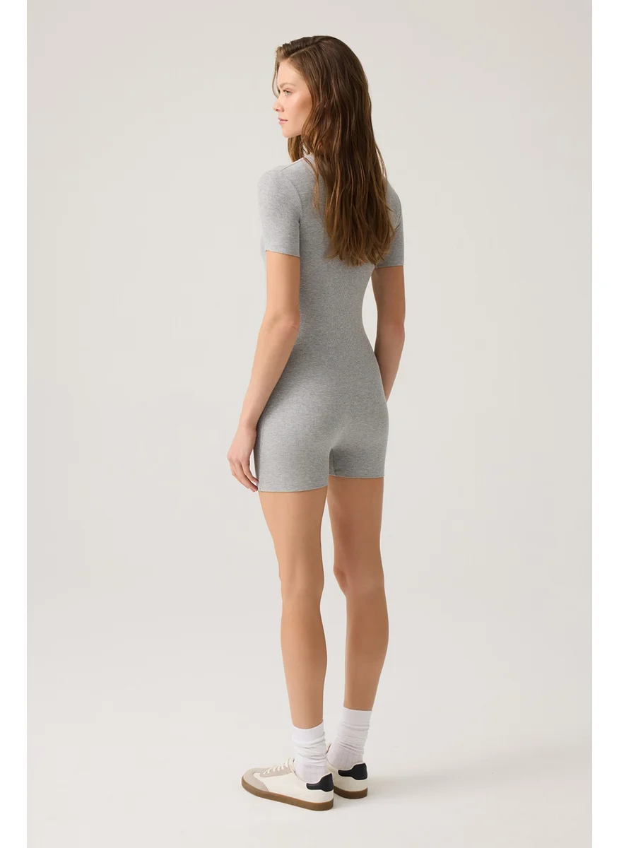 Los Ojos Grey Melange Ribbed Short Sleeve Short Jumpsuit Short Romper