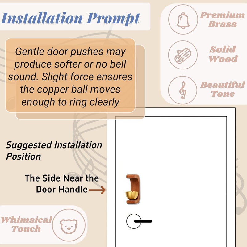 VRB Dec جرس باب مغناطيسي 2 قطعة - جرس خشبي ونحاسي للمتاجر والمطاعم والثلاجات والمنزل، جرس دوپامين، جرس باب مغناطيسي ذاتي اللصق. (تصميم قياسي 2 قطعة) - Image 5