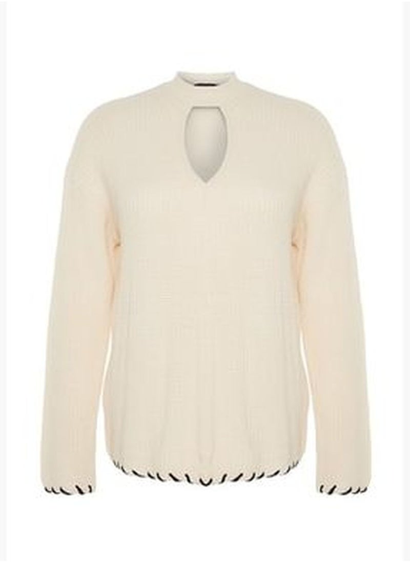 Beige Window/Cut Out Detailed Tricot Knitwear Sweater TBBAW24AN00038