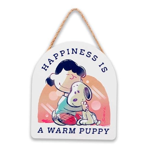 Open Road Brands Peanuts Snoopy and Lucy Happiness is a Warm Puppy Hanging Wood Wall Decor - Cute Snoopy Sign for Home - Image 1