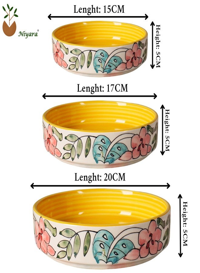 Niyara Stoneware Handmade Ceramic Stylish Premium Serving Bowls/Salad Tray & Microwave Dishwasher Safe (Yellow Flower Design) - Image 5