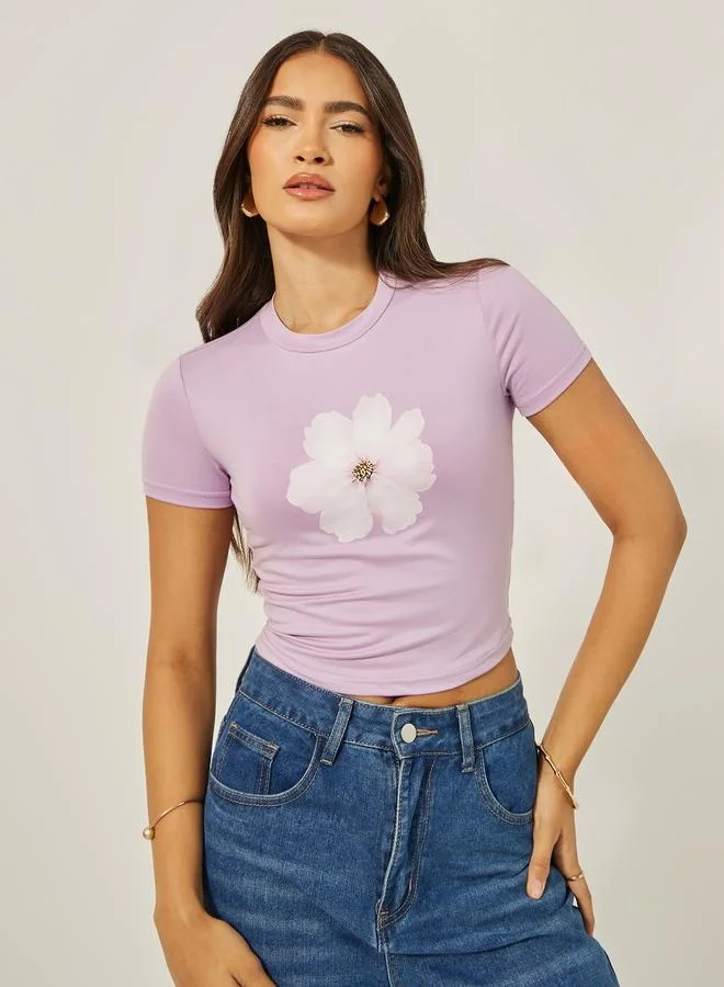 Styli Floral Graphic Print Fitted Crop T-Shirt