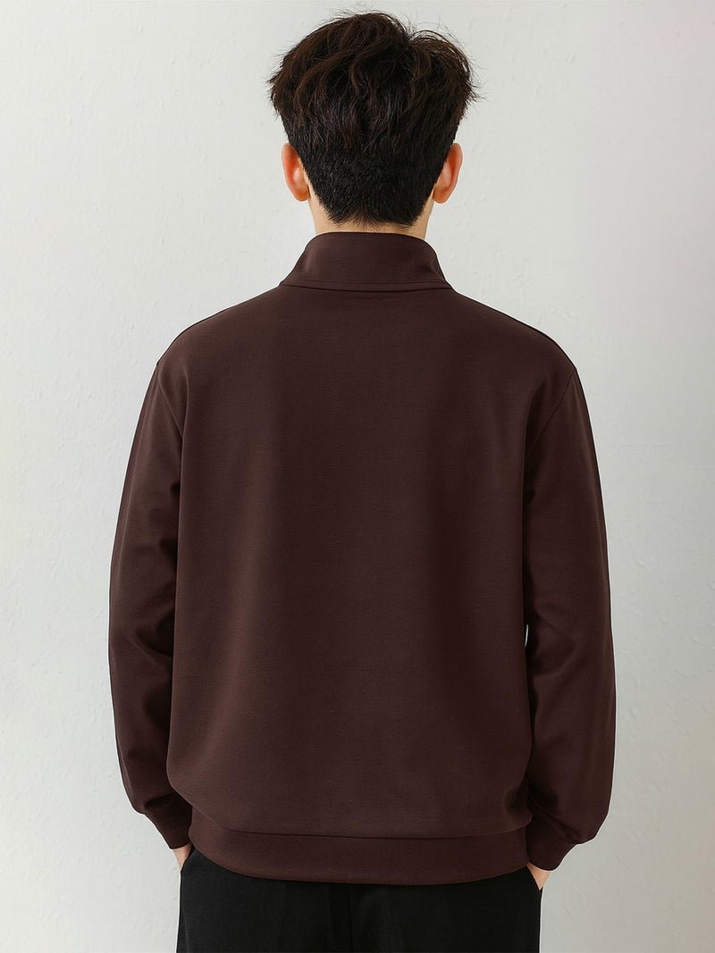 Jump Cuts Mens Solid Henley Neck Full Sleeve Coffee Brown Half Zipper LoopKnit Sweatshirt - Image 4