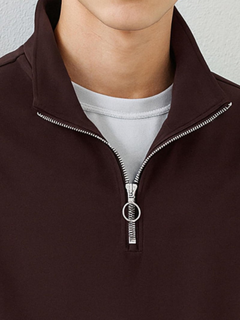 Jump Cuts Mens Solid Henley Neck Full Sleeve Coffee Brown Half Zipper LoopKnit Sweatshirt - Image 5