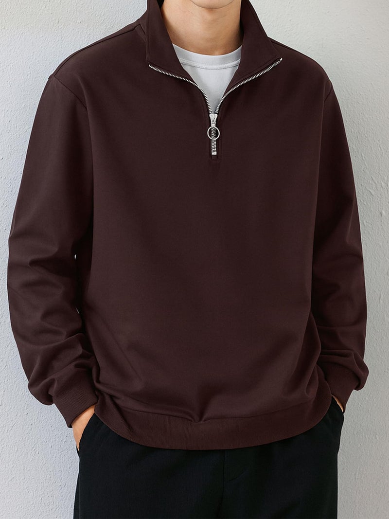 Jump Cuts Mens Solid Henley Neck Full Sleeve Coffee Brown Half Zipper LoopKnit Sweatshirt - Image 2