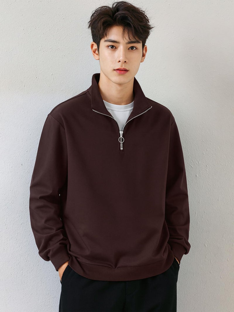 Jump Cuts Mens Solid Henley Neck Full Sleeve Coffee Brown Half Zipper LoopKnit Sweatshirt - Image 3