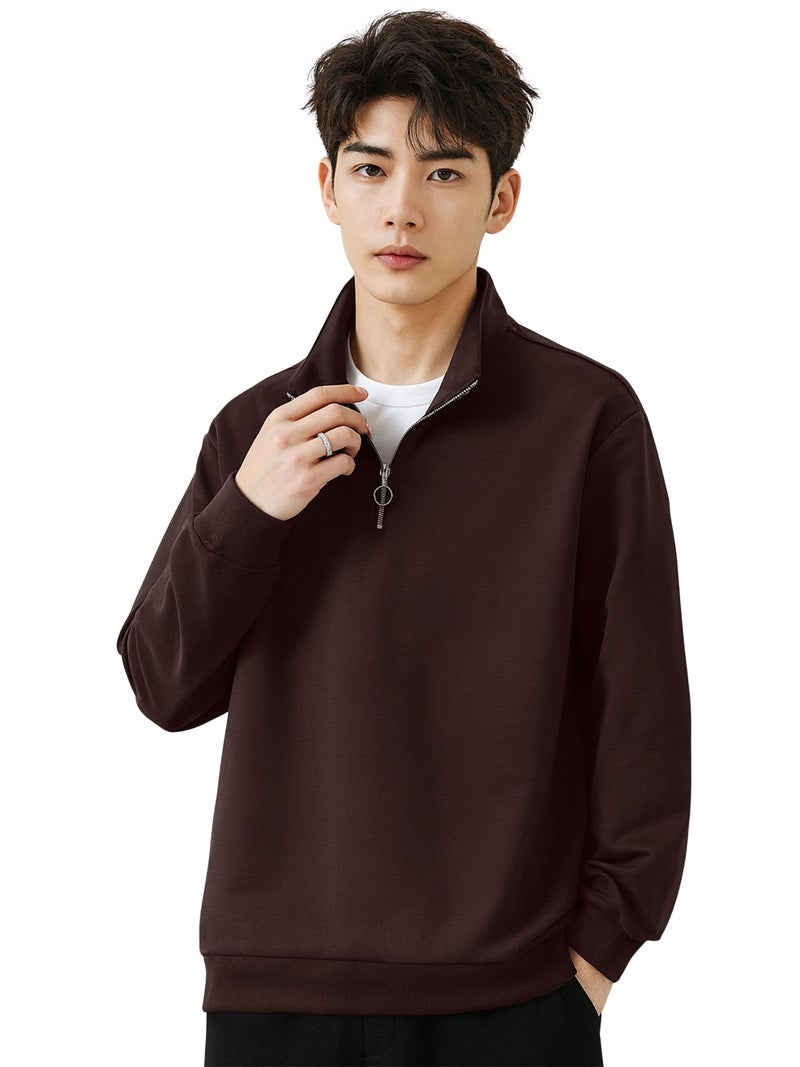 Jump Cuts Mens Solid Henley Neck Full Sleeve Coffee Brown Half Zipper LoopKnit Sweatshirt - Image 1