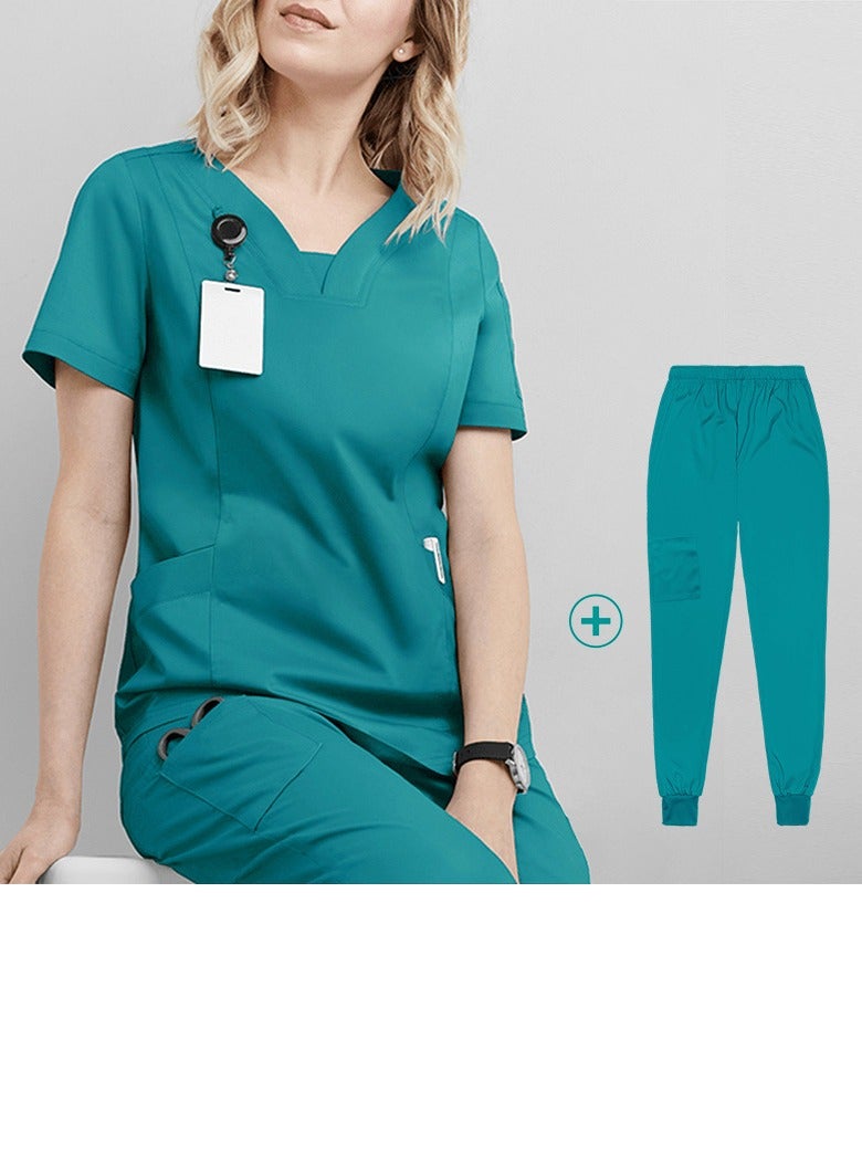Loquat Solid Color Medical Uniform Scrubs Set Medical Scrubs 2 Piece Set Top and Pants Suit Lake Blue - Image 1