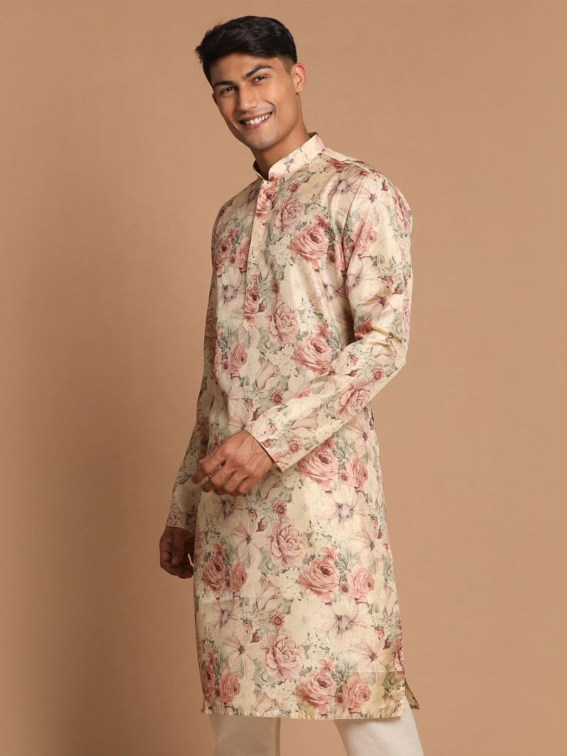 VASTRAMAY Men's Brown Silk Blend Kurta | A Stylish Flower Printed Straight Kurta In Silk Blend Fabric - Traditional for Navratri & Diwali, Wedding - Image 3