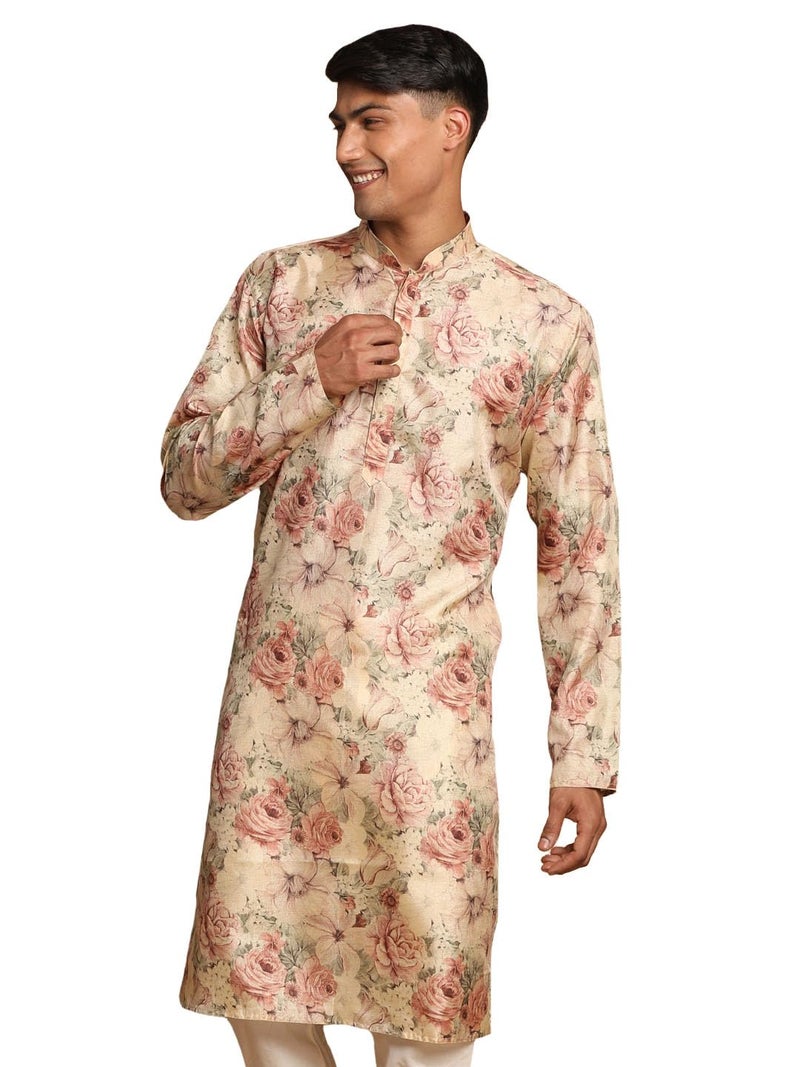 VASTRAMAY Men's Brown Silk Blend Kurta | A Stylish Flower Printed Straight Kurta In Silk Blend Fabric - Traditional for Navratri & Diwali, Wedding - Image 2