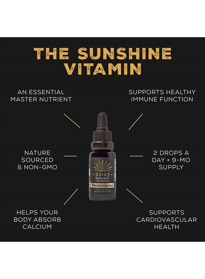 : Vitamin D3+K2 Daylight Concentrate, AKA The Sunshine Vitamin, 0.5 oz, Approx. 270 Servings, Supports Immune, Cardiovascular & Bone Health