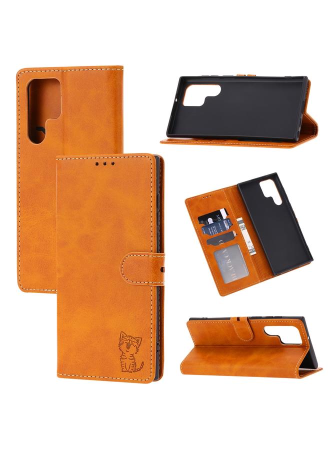 S-TOP Case For Samsung Galaxy S23 Ultra 5G Embossed Happy Cat Pattern Flip Leather Phone Case - Image 1