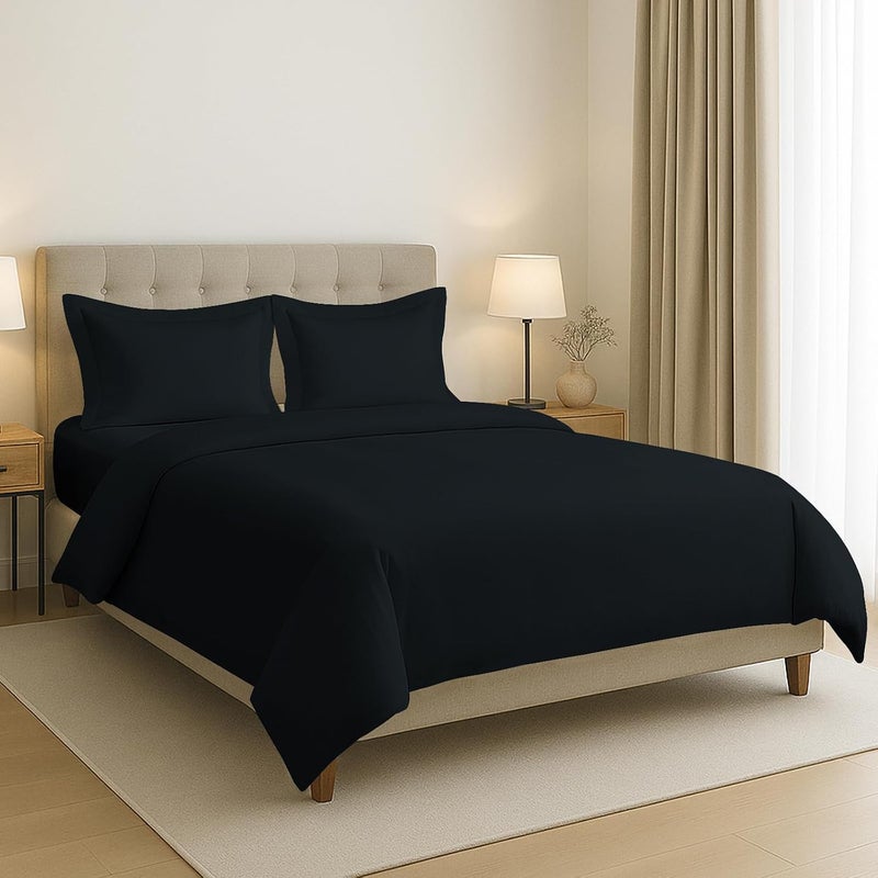 PIZUNA 100% Cotton Double Duvet Cover Size 200x200 cm Black, 400 Thread Count Long Staple Cotton Sateen Weave Duvet Cover Set with 2 Pillowcases (Black Bedding Duvet Cover Sets) - Image 1