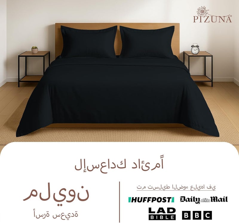 PIZUNA 100% Cotton Double Duvet Cover Size 200x200 cm Black, 400 Thread Count Long Staple Cotton Sateen Weave Duvet Cover Set with 2 Pillowcases (Black Bedding Duvet Cover Sets) - Image 4