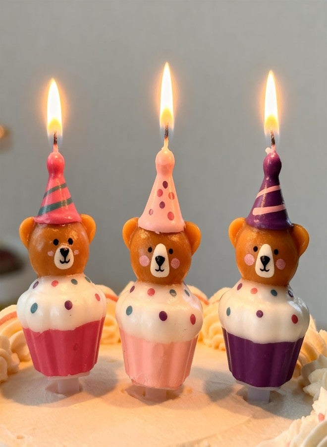 T-shin Adorable Bear Birthday Cupcake Candles,3-Pack with Party Hat Bears Funny Bear Happy Birthday Candles,Multi-Color Cake Toppers for Birthdays & Festive Desserts - Image 1