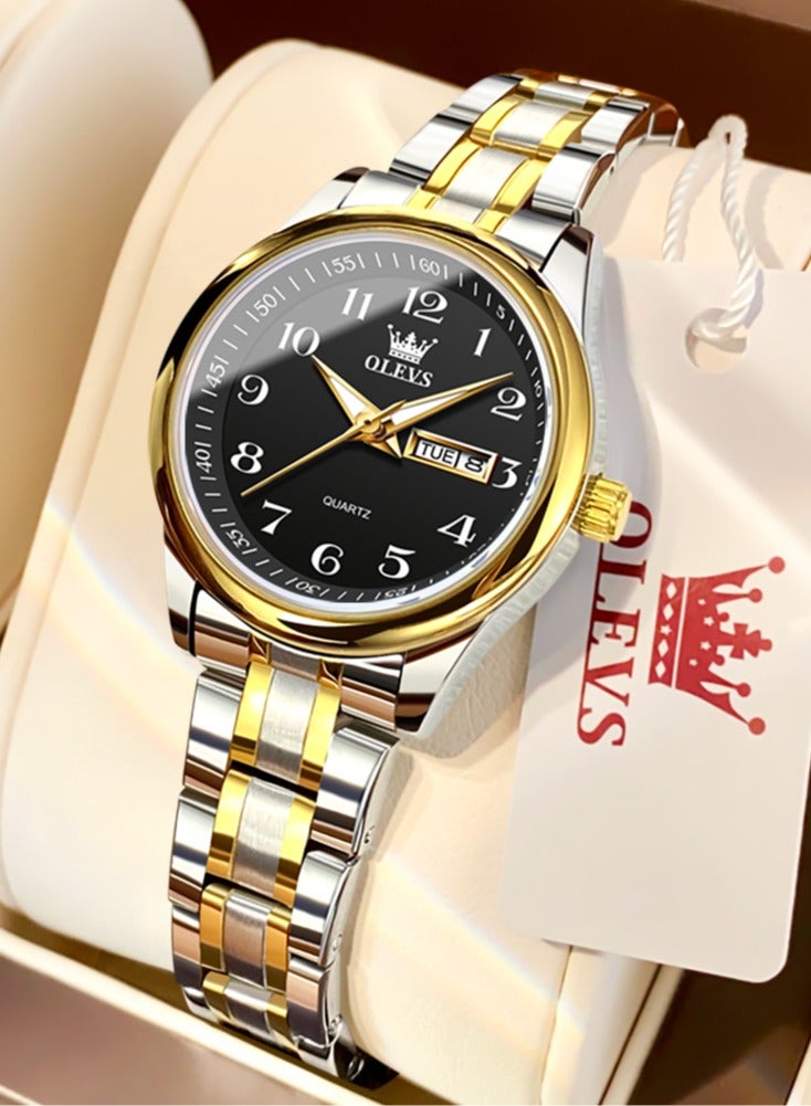 أوليفز ساعة OLEVS Fashion النسائية كوارتز مقاومة للماء من الفولاذ المقاوم للصدأ تناظرية كبيرة وسهلة القراءة والتاريخ ساعة كوارتز للسيدات العاملات باللون الذهبي والأبيض - Image 1