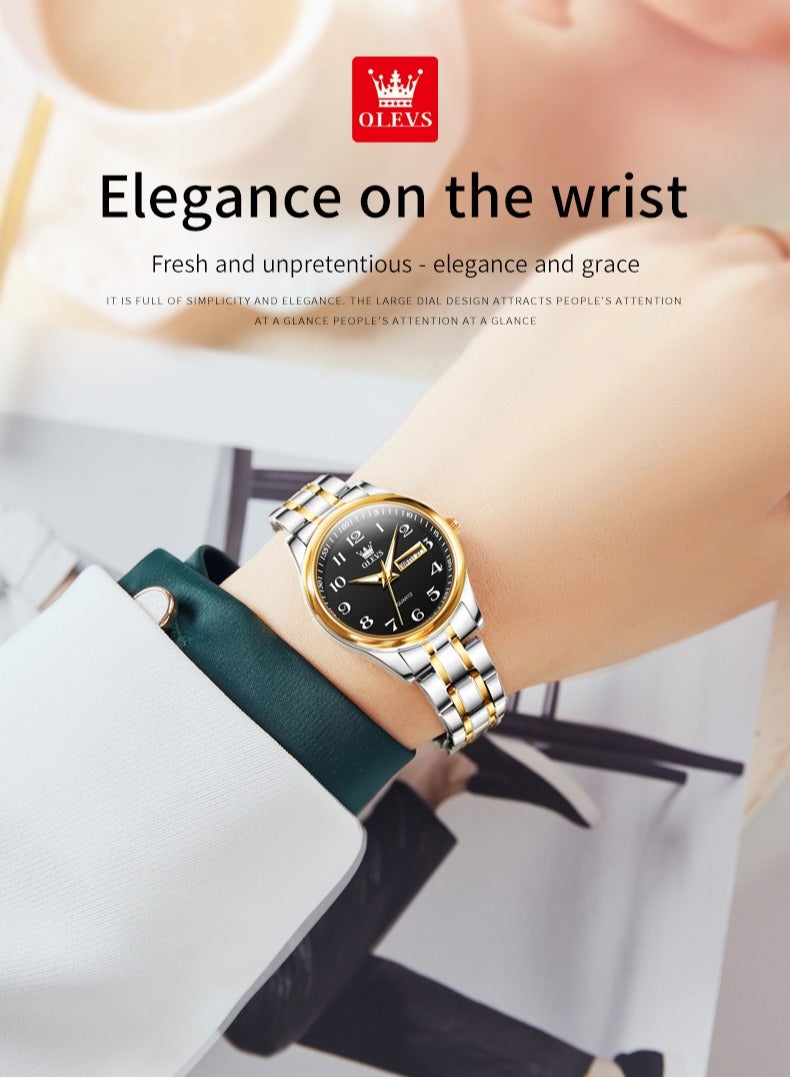 أوليفز ساعة OLEVS Fashion النسائية كوارتز مقاومة للماء من الفولاذ المقاوم للصدأ تناظرية كبيرة وسهلة القراءة والتاريخ ساعة كوارتز للسيدات العاملات باللون الذهبي والأبيض - Image 2