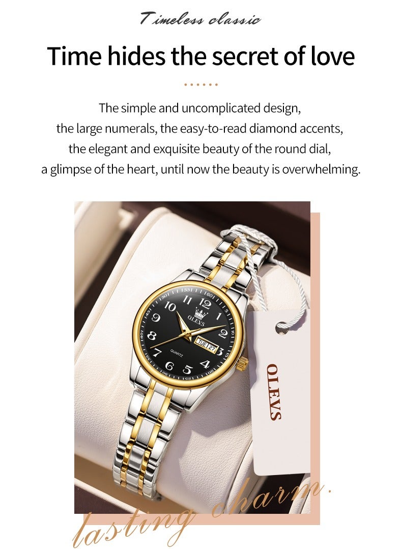 أوليفز ساعة OLEVS Fashion النسائية كوارتز مقاومة للماء من الفولاذ المقاوم للصدأ تناظرية كبيرة وسهلة القراءة والتاريخ ساعة كوارتز للسيدات العاملات باللون الذهبي والأبيض - Image 3
