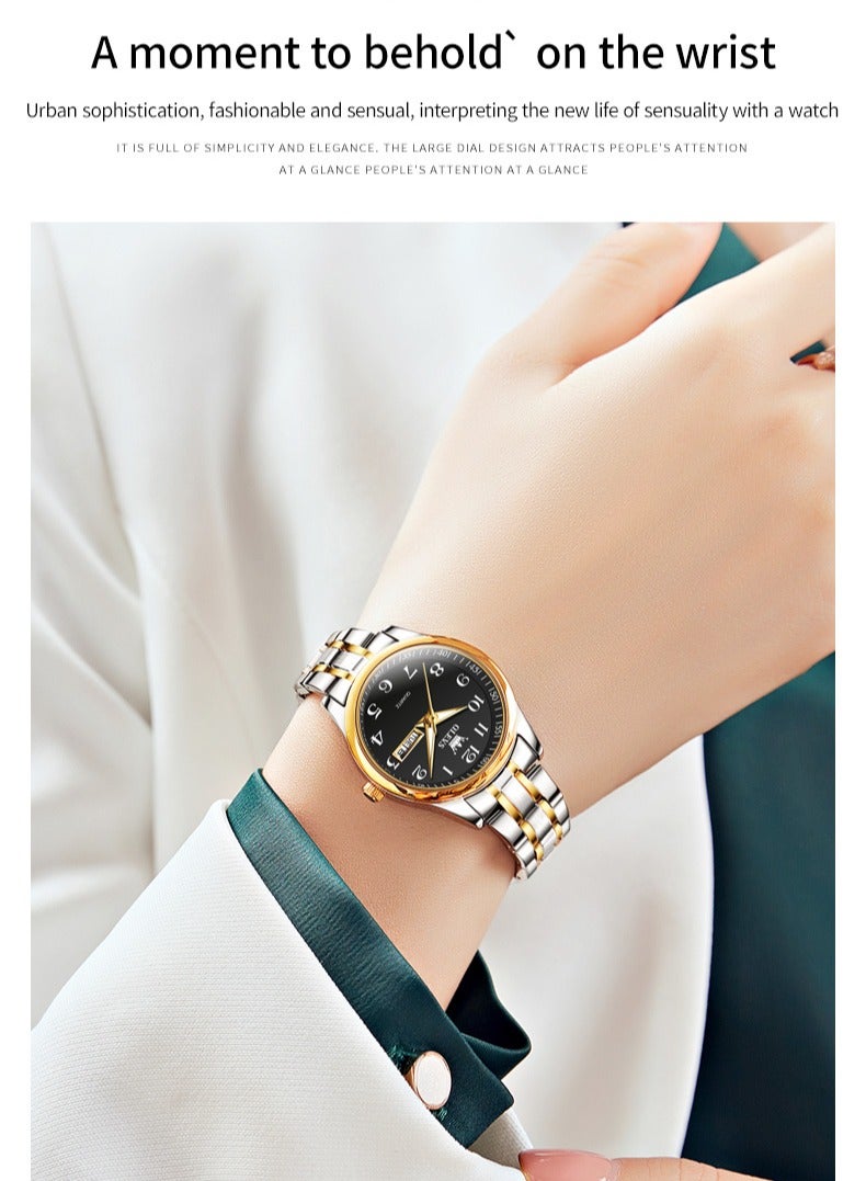 أوليفز ساعة OLEVS Fashion النسائية كوارتز مقاومة للماء من الفولاذ المقاوم للصدأ تناظرية كبيرة وسهلة القراءة والتاريخ ساعة كوارتز للسيدات العاملات باللون الذهبي والأبيض - Image 4