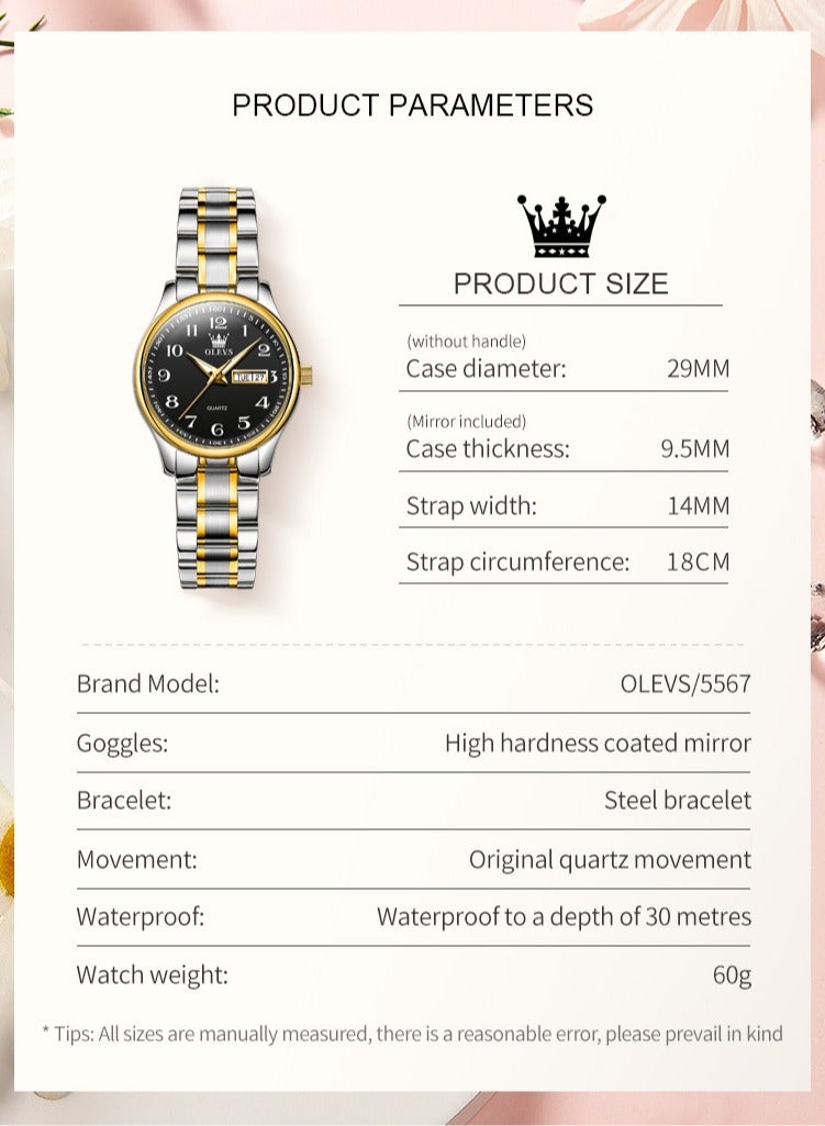 أوليفز ساعة OLEVS Fashion النسائية كوارتز مقاومة للماء من الفولاذ المقاوم للصدأ تناظرية كبيرة وسهلة القراءة والتاريخ ساعة كوارتز للسيدات العاملات باللون الذهبي والأبيض - Image 5