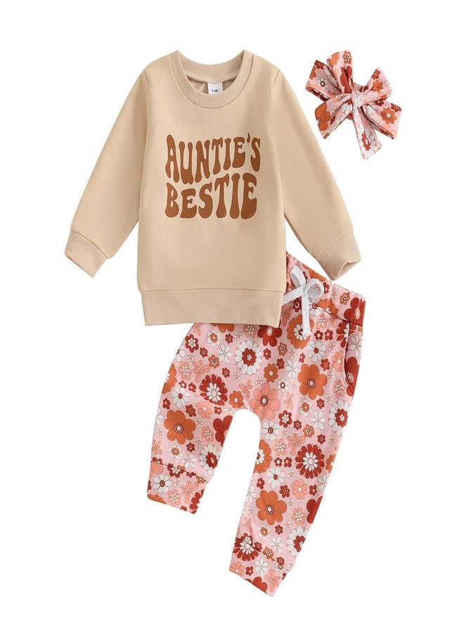 SAYOO Aunties Bestie Baby Clothes Baby Girl Aunt Saying Letter Sweatshirt Pullover Floral Long Pants Headband 3Pcs Outfit (Khaki, 6-12 Months) - Image 1