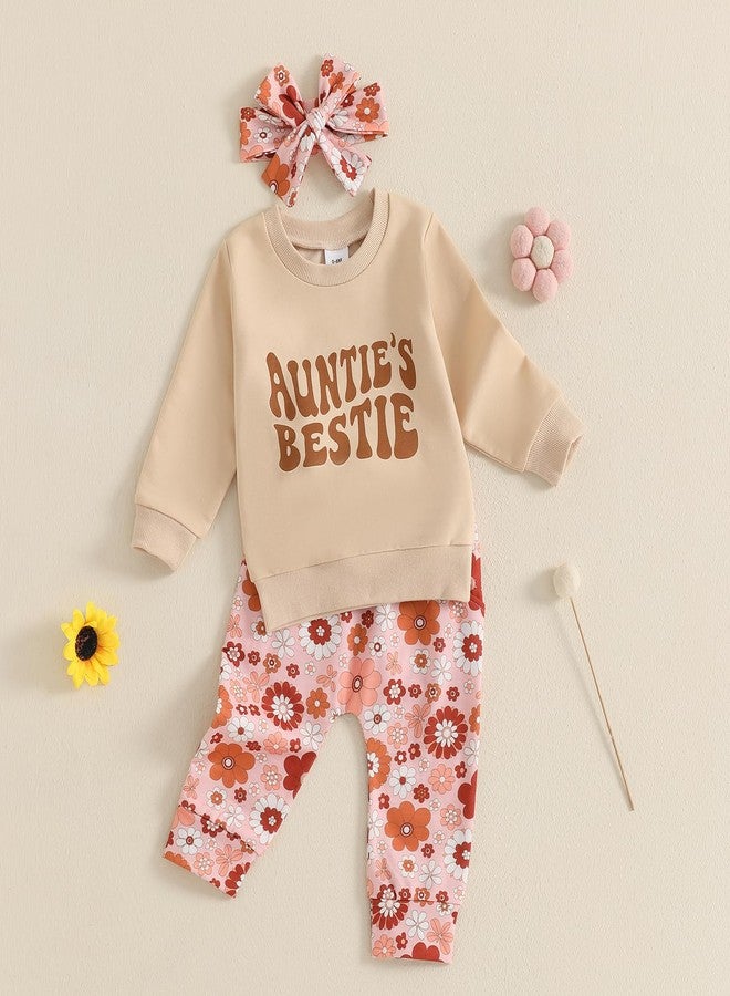 SAYOO Aunties Bestie Baby Clothes Baby Girl Aunt Saying Letter Sweatshirt Pullover Floral Long Pants Headband 3Pcs Outfit (Khaki, 6-12 Months) - Image 2