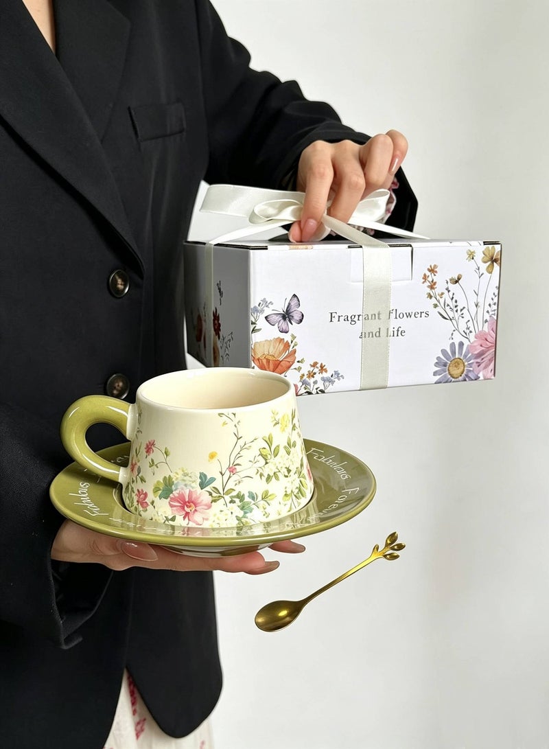 Retro Ceramic Coffee Cup and Saucer Gift Set, 280ml Large Capacity Coffee Cup Set with Gift Box, Elegant Floral Hand-Painted Design, Perfect for Coffee, Tea and Espresso Lovers, Best Gift for Family, Friends, Ramadan, Eid, Housewarmings, Birthday and Any Other Occasions - Image 1