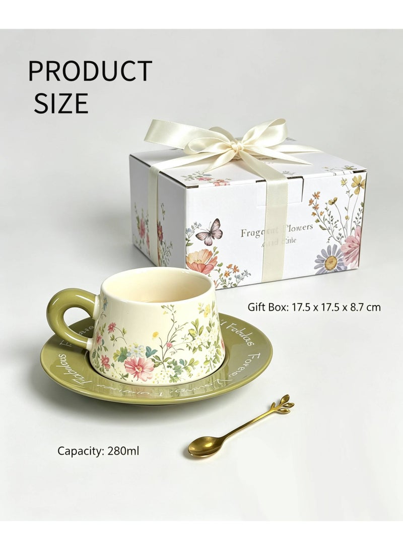Retro Ceramic Coffee Cup and Saucer Gift Set, 280ml Large Capacity Coffee Cup Set with Gift Box, Elegant Floral Hand-Painted Design, Perfect for Coffee, Tea and Espresso Lovers, Best Gift for Family, Friends, Ramadan, Eid, Housewarmings, Birthday and Any Other Occasions - Image 4