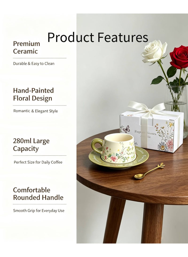 Retro Ceramic Coffee Cup and Saucer Gift Set, 280ml Large Capacity Coffee Cup Set with Gift Box, Elegant Floral Hand-Painted Design, Perfect for Coffee, Tea and Espresso Lovers, Best Gift for Family, Friends, Ramadan, Eid, Housewarmings, Birthday and Any Other Occasions - Image 5
