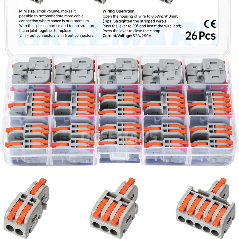 GKEEMARS 26Pcs Compact Splicing Connectors Wire Connectors Kit 2 3 and 5 Circuit Inline Splices 2412 AWG Grey