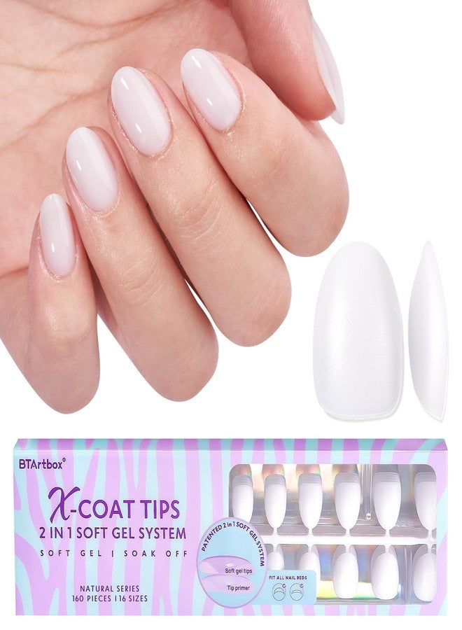 BTArtboxnails XS Short Almond Gel Nail Tips - Pre Colored Milky White Soft Gel Nail Tips, Milky White Press on Nails, Natural XCOATTIPS Pre Applied Tip Primer - Image 1