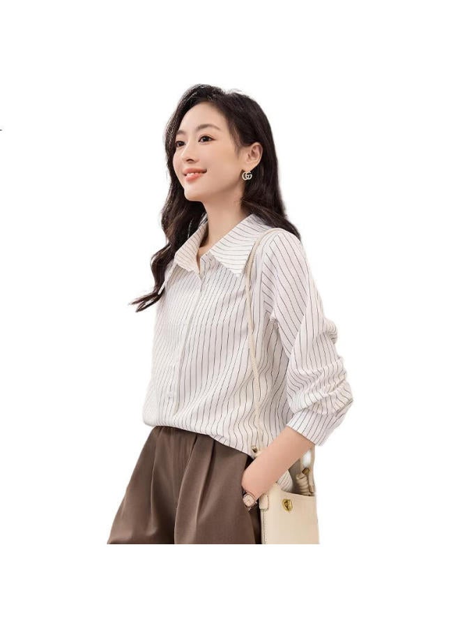 First Application Chushen Women'S Simple Striped Long Sleeve Shirt Casual Commuter White Blouse Top S136C2744 White S - Image 3