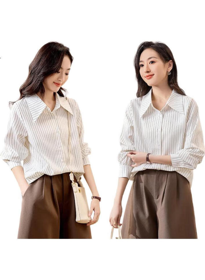 First Application Chushen Women'S Simple Striped Long Sleeve Shirt Casual Commuter White Blouse Top S136C2744 White S - Image 2