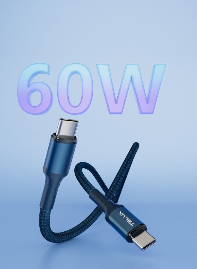 تيلكس كابل مضفر من USB-C إلى USB-C بطول 1 متر، شحن سريع PD بقوة 60 وات، متوافق مع أجهزة الكمبيوتر المحمولة، مضفر من النايلون المقاوم للتآكل، عمر افتراضي يتجاوز 10000 ثنية، سرعة نقل بيانات 480 ميجابت في الثانية - Image 3