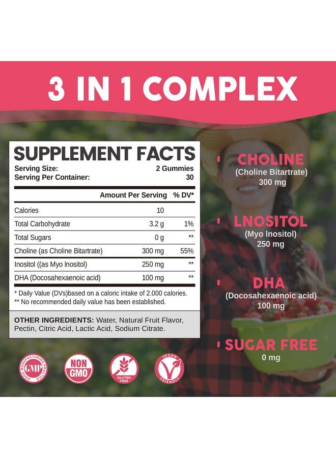 Hollegend Prenatal Choline Inositol Gummies, Chewable Choline Supplement with DHA, Prenatal Vitamin for Women & Kids, Support Nervous System, Immune & Brain Health, Vegan Strawberry Flavor, Sugar Free, 60 Ct - Image 2