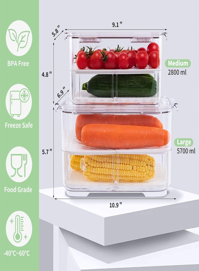 elabo Fruit Storage Containers Fridge Produce Saver- Stackable Refrigerator Organizer Keeper Drawers Bins with Lids and Removable Drain Tray for Veggie, Berry and Fruits, 1 Medium and 1 Large - Image 5