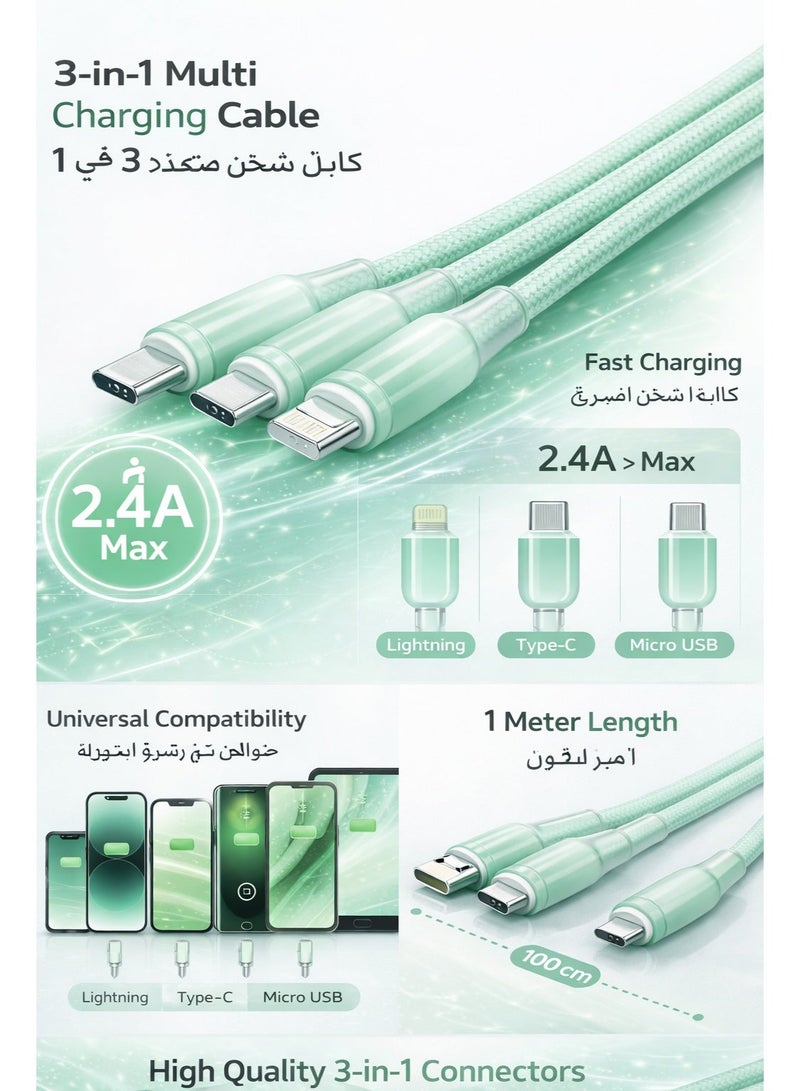 كابل شحن سريع 3 في 1 مضفر من النايلون - USB-A إلى Type-C / Lightning / Micro USB - Image 1