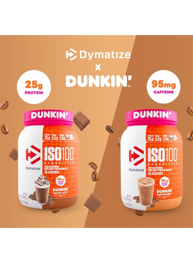 ديماتيز ISO100 Hydrolyzed 100% Whey Isolate Protein Powder in Dunkin' Cappuccino Flavor, 25g Protein, 95mg Caffeine, 5.5g BCAAs, Gluten Free, Fast Absorbing, Easy Digesting - Image 2