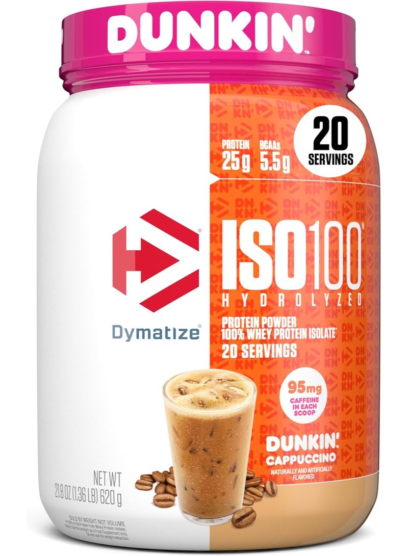 ديماتيز ISO100 Hydrolyzed 100% Whey Isolate Protein Powder in Dunkin' Cappuccino Flavor, 25g Protein, 95mg Caffeine, 5.5g BCAAs, Gluten Free, Fast Absorbing, Easy Digesting - Image 1