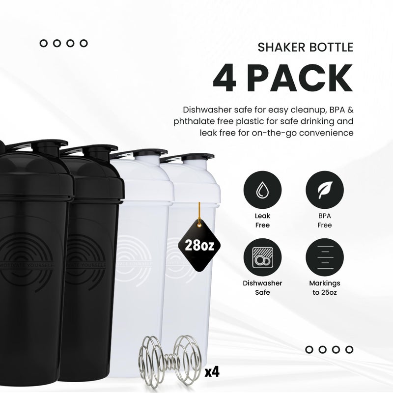 GOMOYO [4 Pack] 28oz Protein Shaker Bottle with Motivational Quotes (Black, White, Silver, Gold) |Shaker Cup with 4x Wire Mixers | Shaker for Protein Mixes Pack is BPA Free, Leak Proof and Dishwasher Safe - Image 2