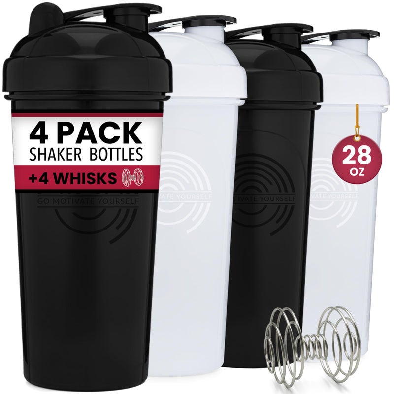 GOMOYO [4 Pack] 28oz Protein Shaker Bottle with Motivational Quotes (Black, White, Silver, Gold) |Shaker Cup with 4x Wire Mixers | Shaker for Protein Mixes Pack is BPA Free, Leak Proof and Dishwasher Safe - Image 1